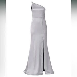 Amsale Kaia Platinum Silver Satin One Shoulder Formal Maxi Dress Gown